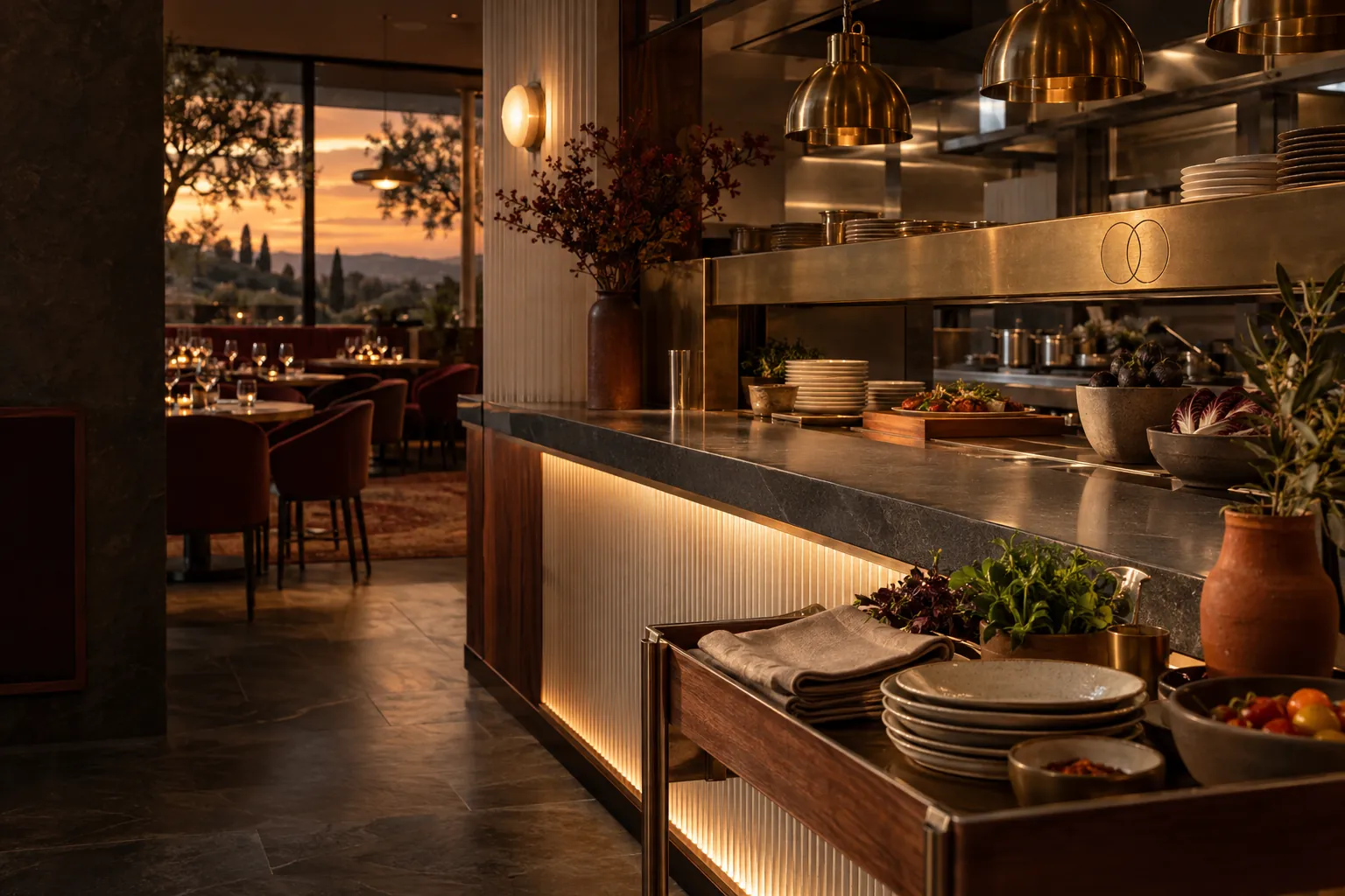 Illustrative restaurant service pass and dining room with seasonal ingredients, linen and warm brass lighting.