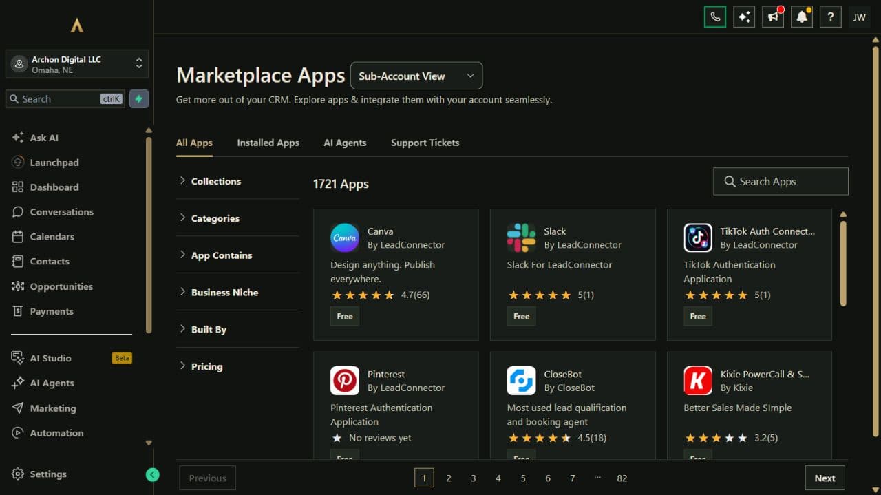Archon demo workspace showing app categories, search and marketplace listings.