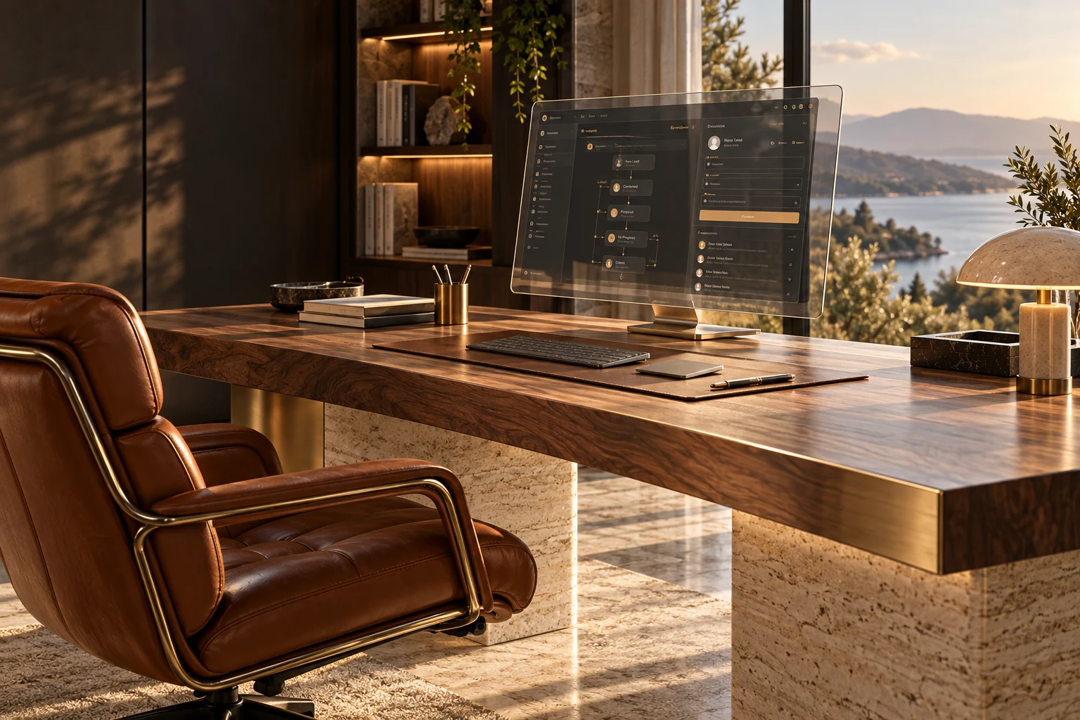 Illustrative Forge creation office with a mounted glass app-building display, walnut desk and warm travertine