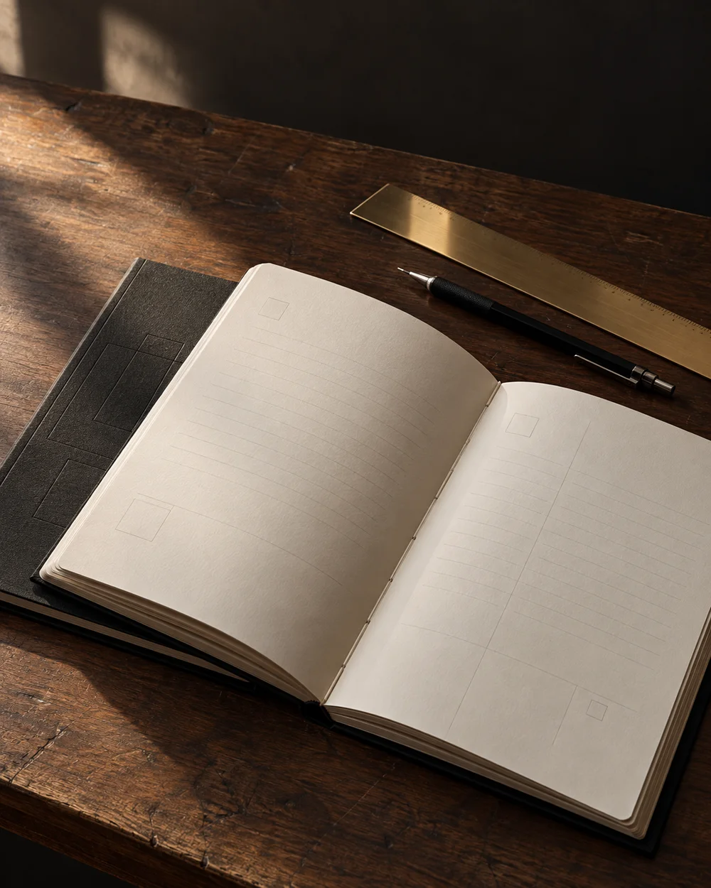An open setup notebook on a walnut desk with a brass ruler and pencil
