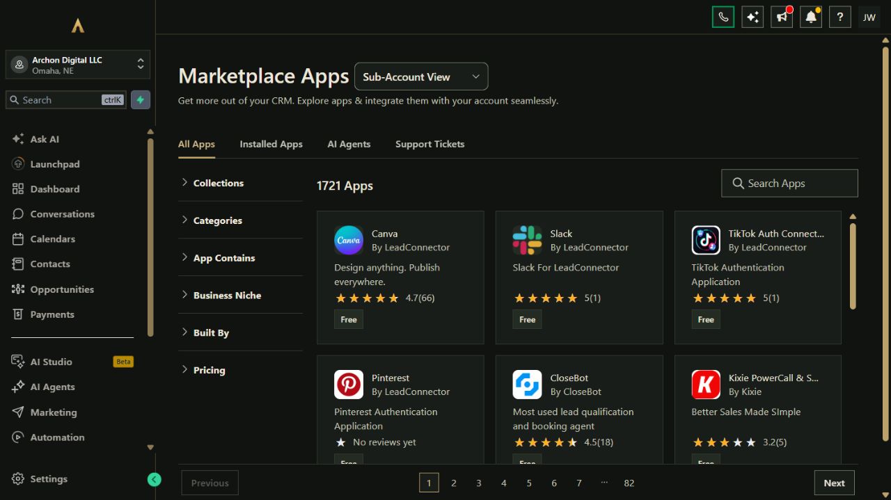 Archon.tools demo App Marketplace with app listings, category and pricing filters, and search in the branded workspace.